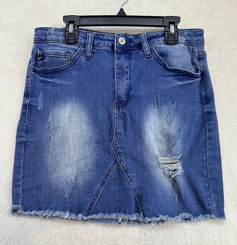Women's KanCan Blue Denim Mini Skirt Distressed Faded Size 26
